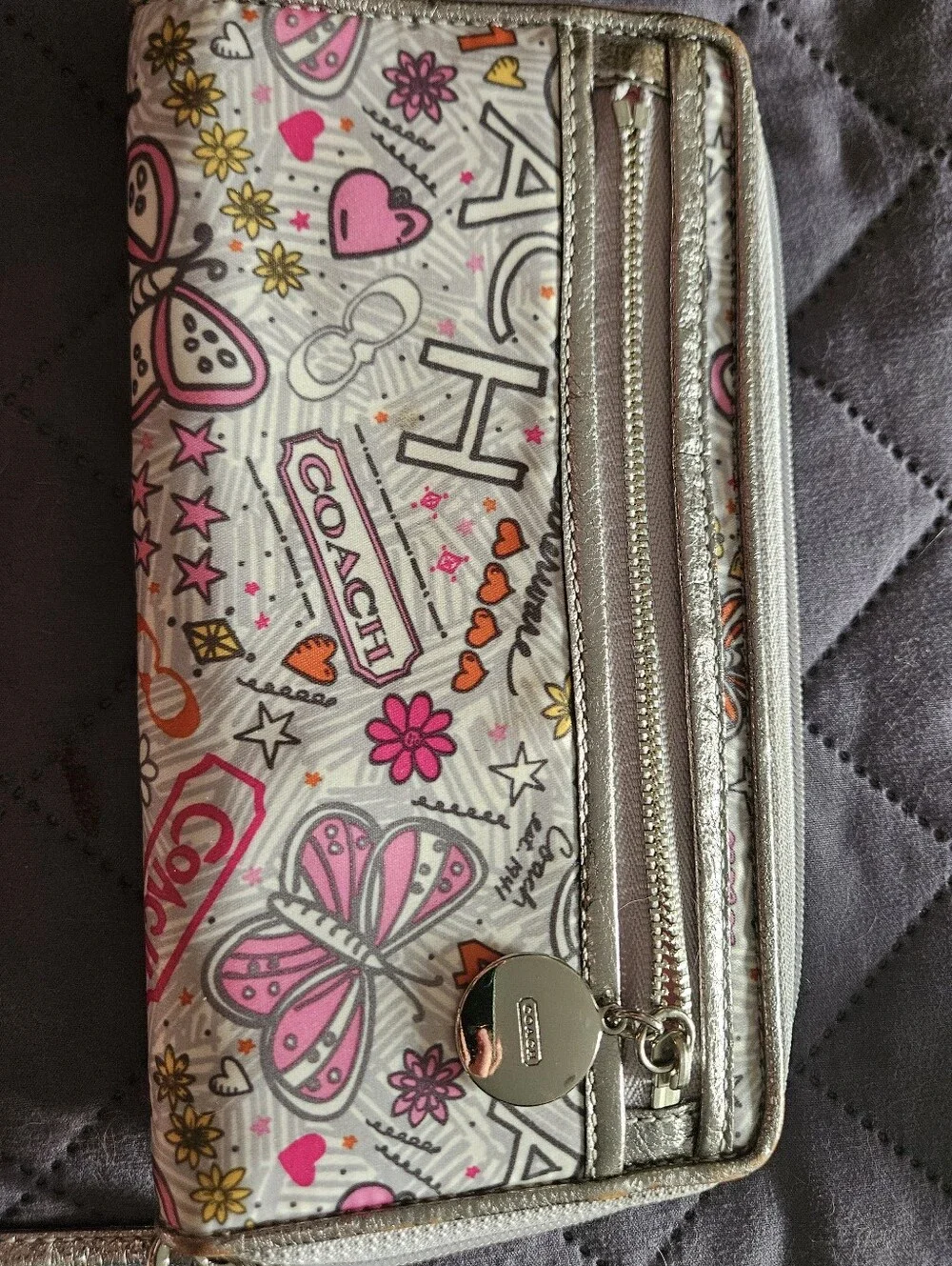 Coach Pink, Gray & Yellow Zip Wallet with Butterfly Doodle Print